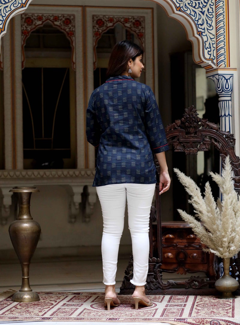 Miravan Navy Blue Printed Cotton Top for Women - Image 3